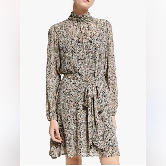 Aware Vero Moda Josephine mock neck Long Sleeve belted Dress - Birch Pattern - Picture 1 of 7